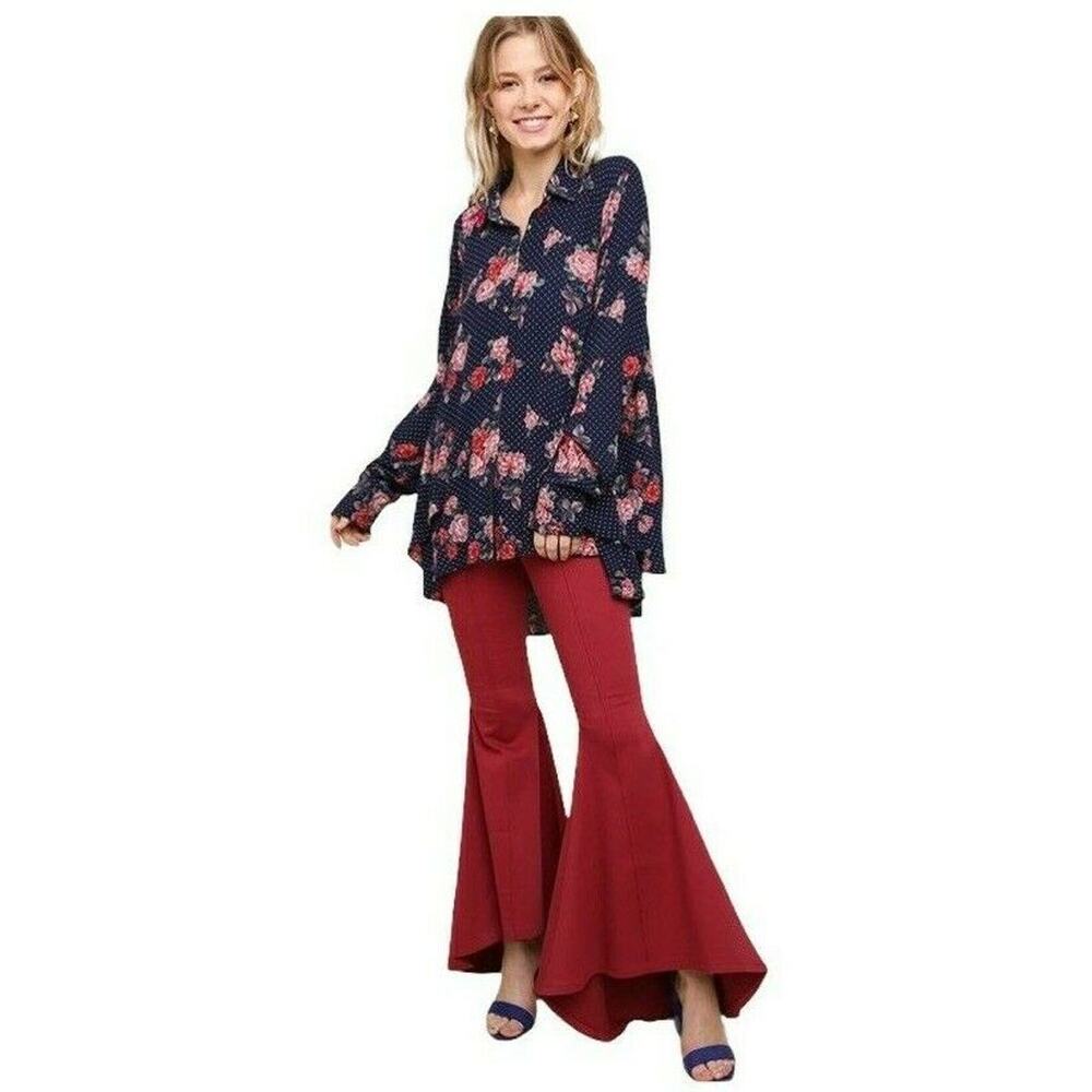 New Umgee Womans Sz Large Blouse Blue Floral Dot Tunic Top Button Down NWT